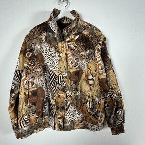 Blooms Distinctive Weekend Wear Womens Animal Print Bomber Jacket XL Brown Black